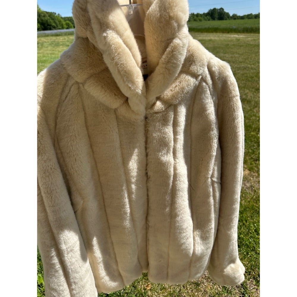 Axcess Liz Claiborne Cream Faux Fur Hooded Jacket Channeled Plush Coat Women's L